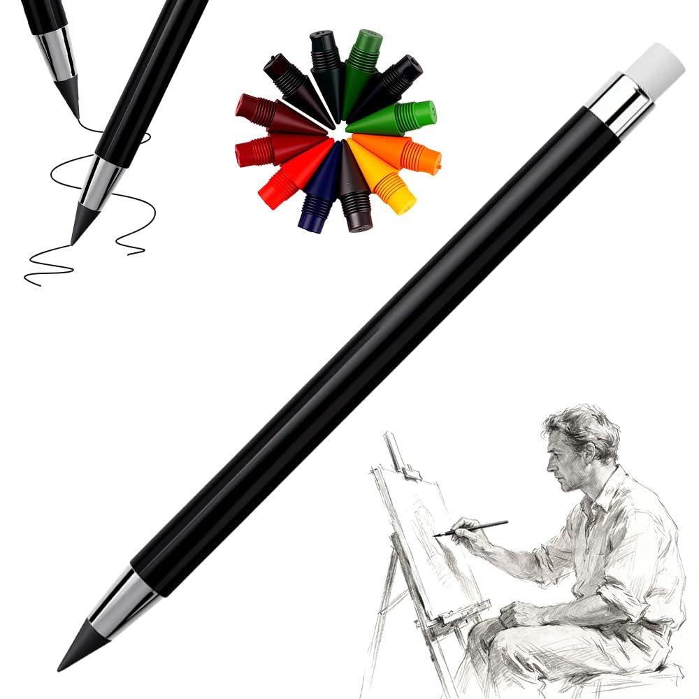 2026 Infinity Everlasting Pencil Reusable Inkless Metal Alloy Writing Instrument No Sharpening Needed with 12 Nibs Erasers Ideal