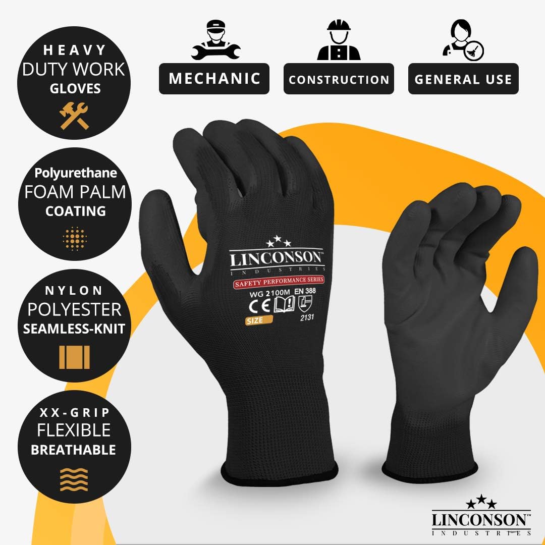 linconson Ultimate Grip Thin & Lightweight Construction Mechanic Work Gloves with PU Palm Coating
