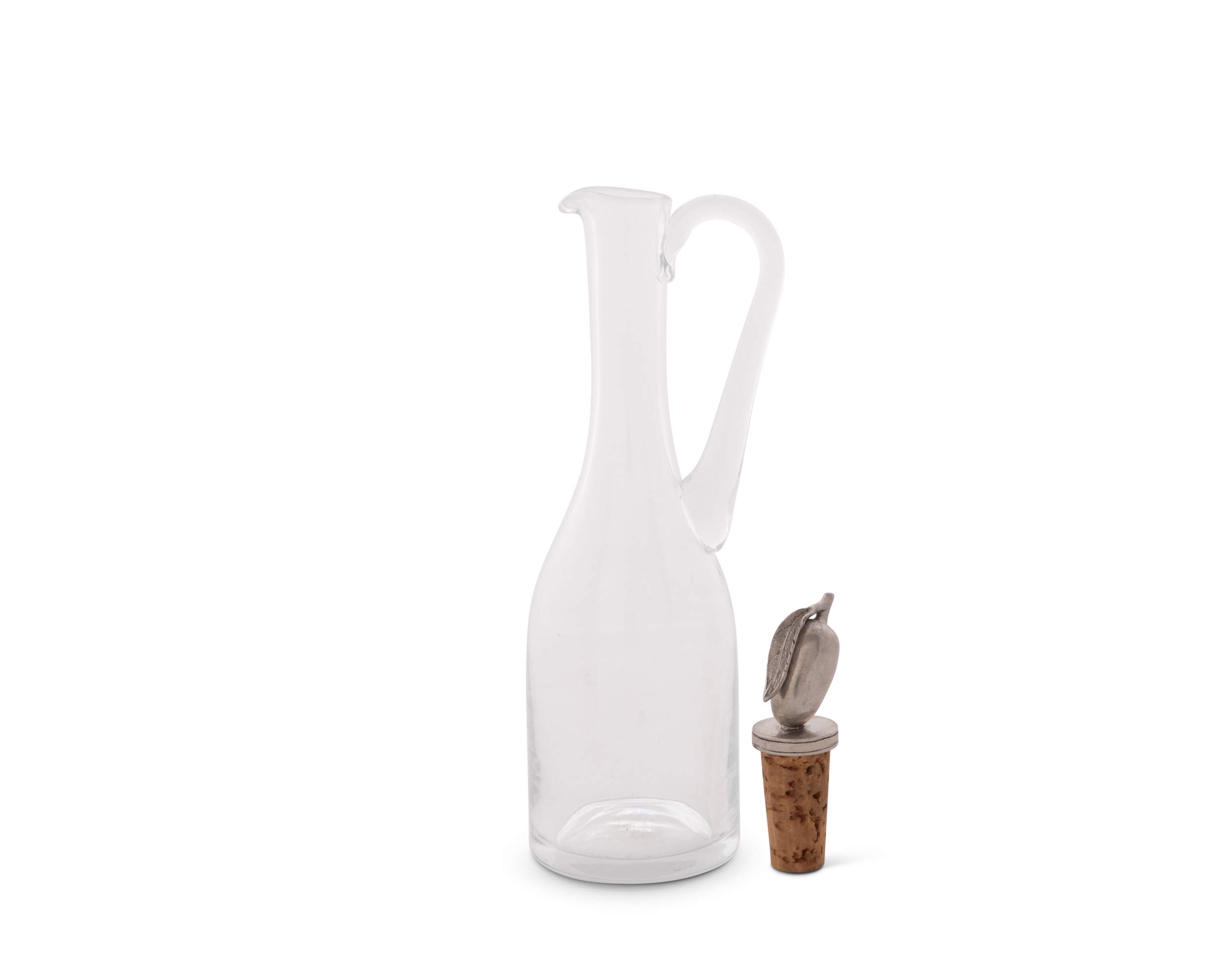 Vagabond House Hand-Blown Cruet Glass Bottle with Cork Stopper and Solid Pewter Olive Handle - Oil and Vinegar Bottle 9 inch Tall 5 oz