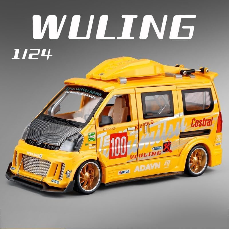 Image of 1:24 Scale Big Size Wuling Track Sports Van Toy Car | Metal Pullback Diecast Car for Kids with Openable Doors, Sound, Light Effects Toy for Car (Color As Per Available), Red