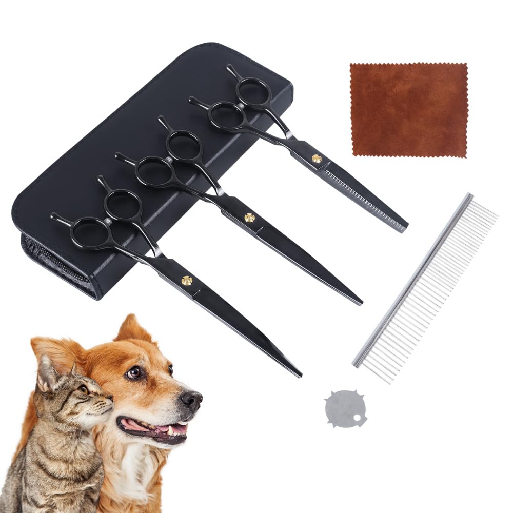 Pet Grooming Trimming Shears, 7 Inch Pet Grooming Scissors Set with Thinning & Curved & Straight Hair Scissors for Grooming Dog Cat Pet