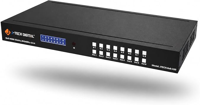 J-Tech Digital 8x8 HDMI Matrix Switch Switcher HDMI 2.0 HDR 4K@60Hz YUV 444, HDCP 2.2/1.4, 18Gbps, EDID, IP/Ethernet Control, Compatible with Control4 Driver [JTECH-8x8-H20]