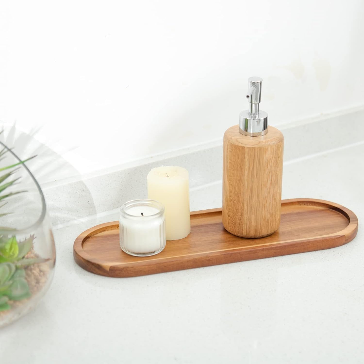 Set of 2 Plates Bathroom Vanity Wood Trays for Home Decor - for Counter Wood Small Decorative Tray, Kitchen Soap Tray,Comestic Holder Bathtub Organizer (14 x 4.5 inches) - Image 3