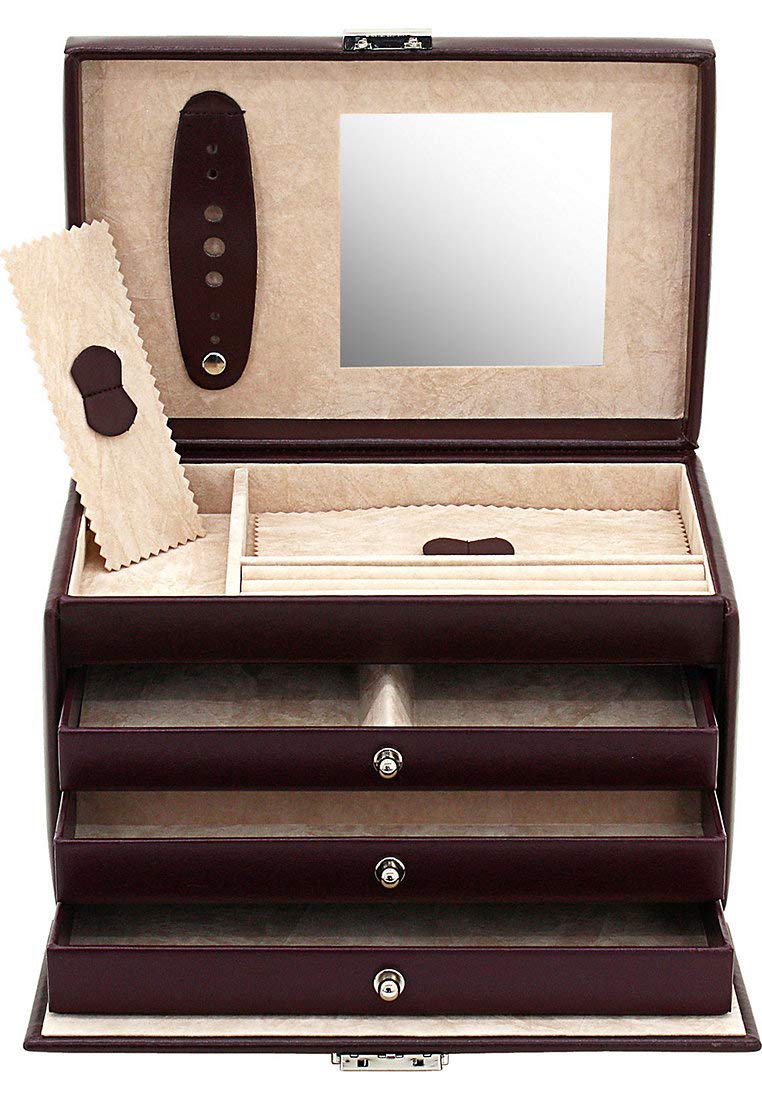 Friedrich23 Schmuckkoffer – Schmuckkasten Classico aus Leder - 3 Schubfächer, 2 Abdeckkissen, Spiegel