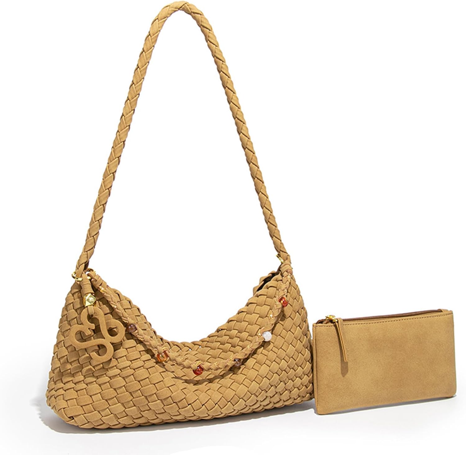 Suede Woven Shoulder Bag for Women - Small Soft Faux Leather Hobo Handbag with Pouch, Slouchy Underarm Tote for Daily Travel