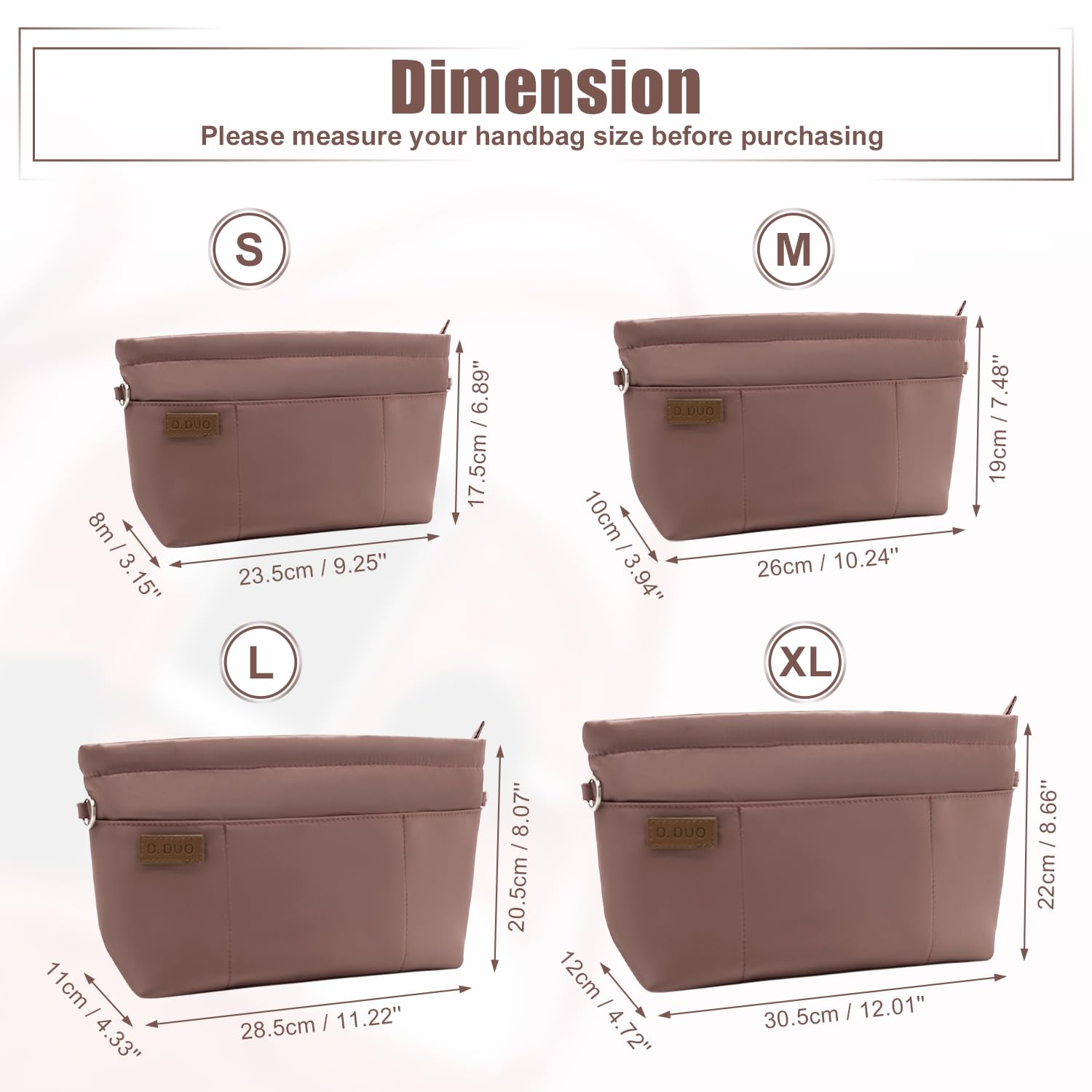 D.DUO Inserto organizer per borsa, borsa a tracolla, inserto organizer per tote con tracolla regolabile, inserti per borsa in nylon impermeabile (Rosa, M)
