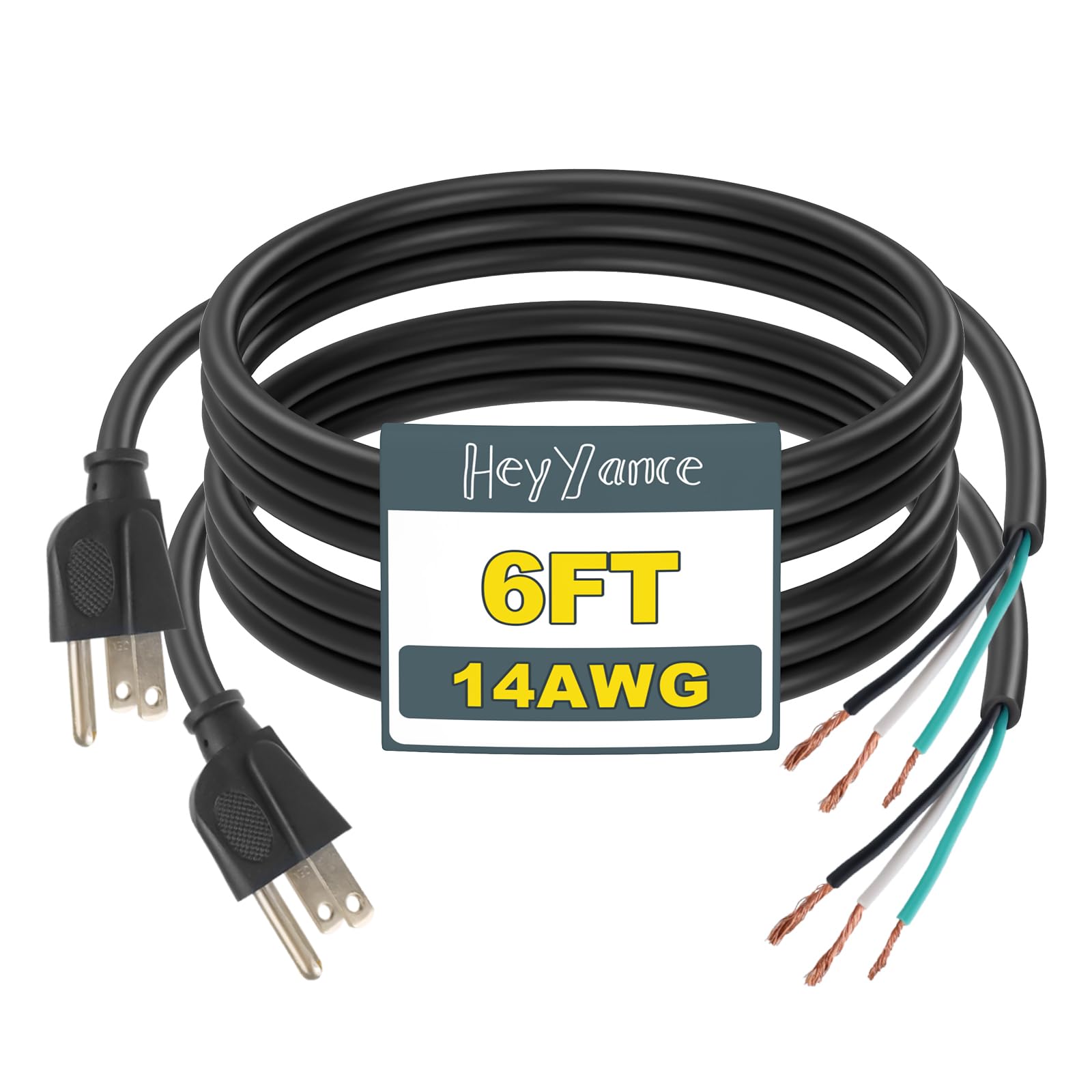 HeyYance 2 Pack 6 ft 14/3C SJTW Appliance and Power Tool Cord, 14 Gauge 3 Prong Heavy Duty Replacement Power Supply Cord Cable, 110V 115V 120V AC