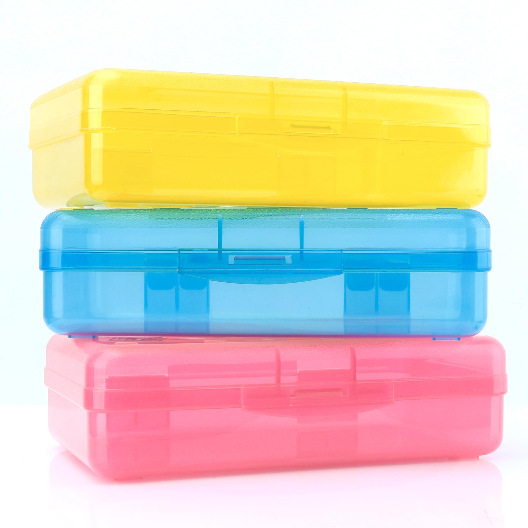Large Clear Plastic Pencil Case - 3 Pack, Hard Storage Box for Kids & Office Supplies - Pink, Blue, Yellow — image 1