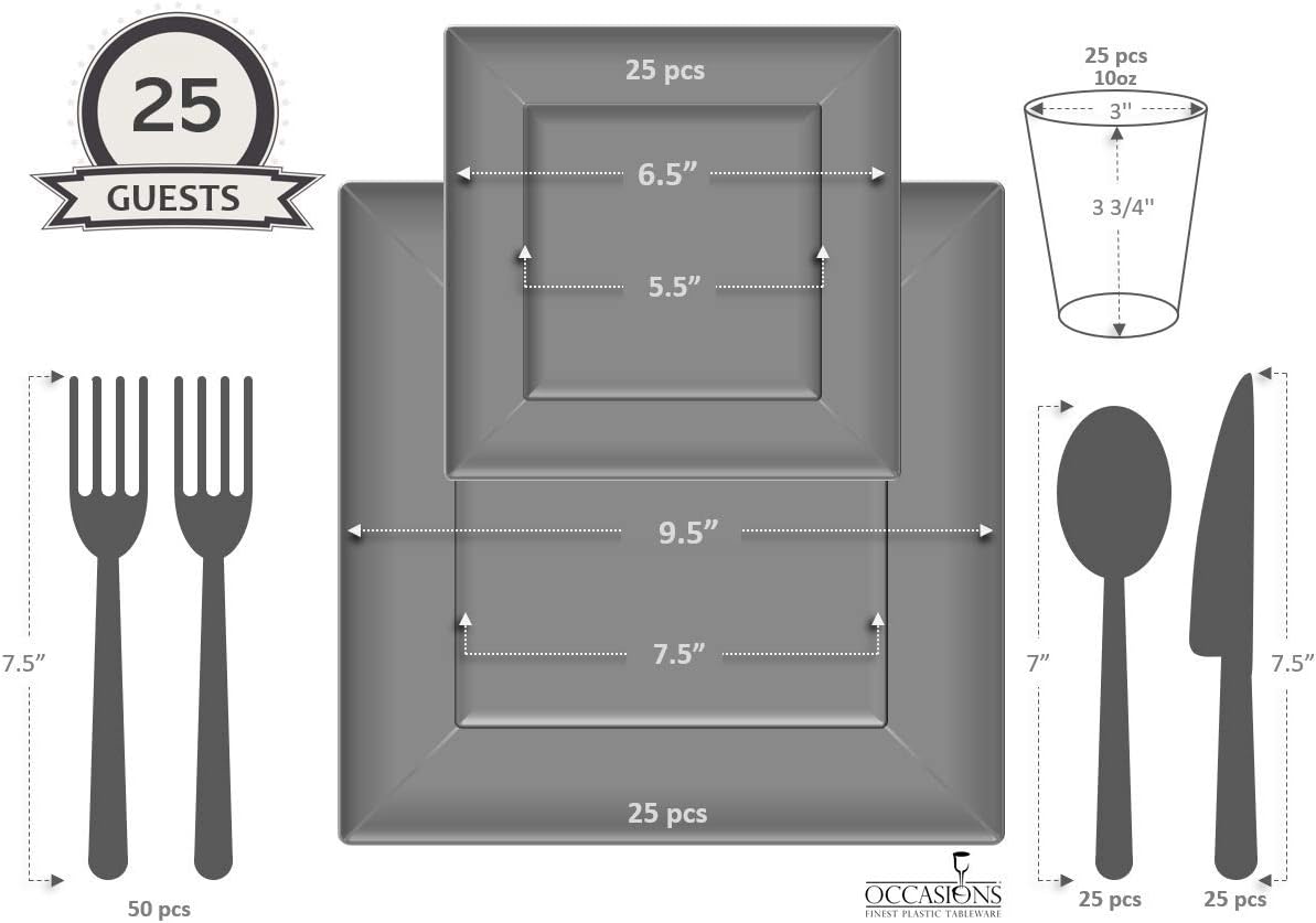 " OCCASIONS " 200pcs set (25 Guests)-Heavyweight Wedding Party Disposable Plastic Plate Set -25 x 9.5'' + 25 x 6.5'' +Silverware+Cups+ Napkins (Square White, Silver Silverware)