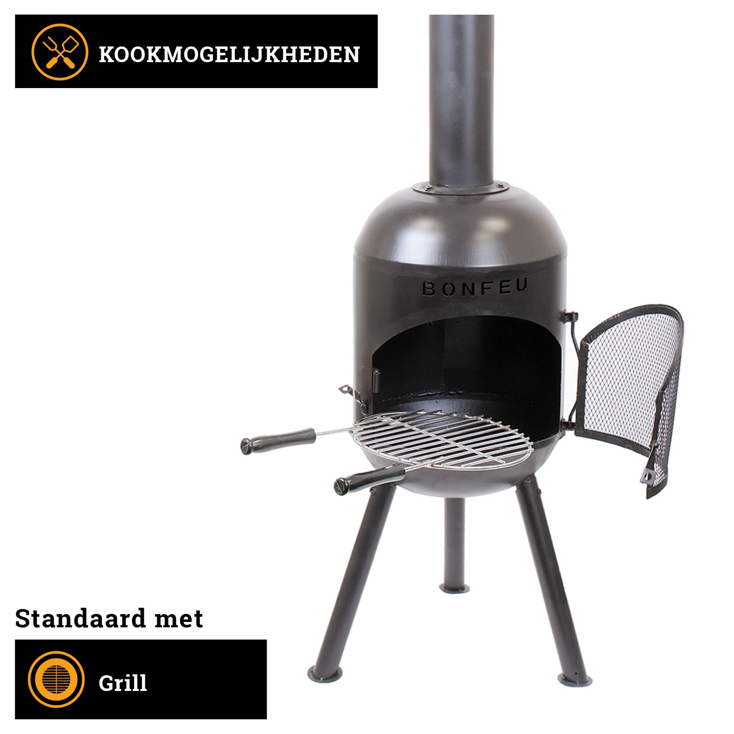 BonFeu BonSolo Piec tarasowy czarny – wysokiej jakości kominek ogrodowy z funkcją grillowania, Ø 34 cm, wys. 124 cm – wytrzymały kominek ze stali wraz z rusztem do grillowania i pogrzebaczem do ogrodu