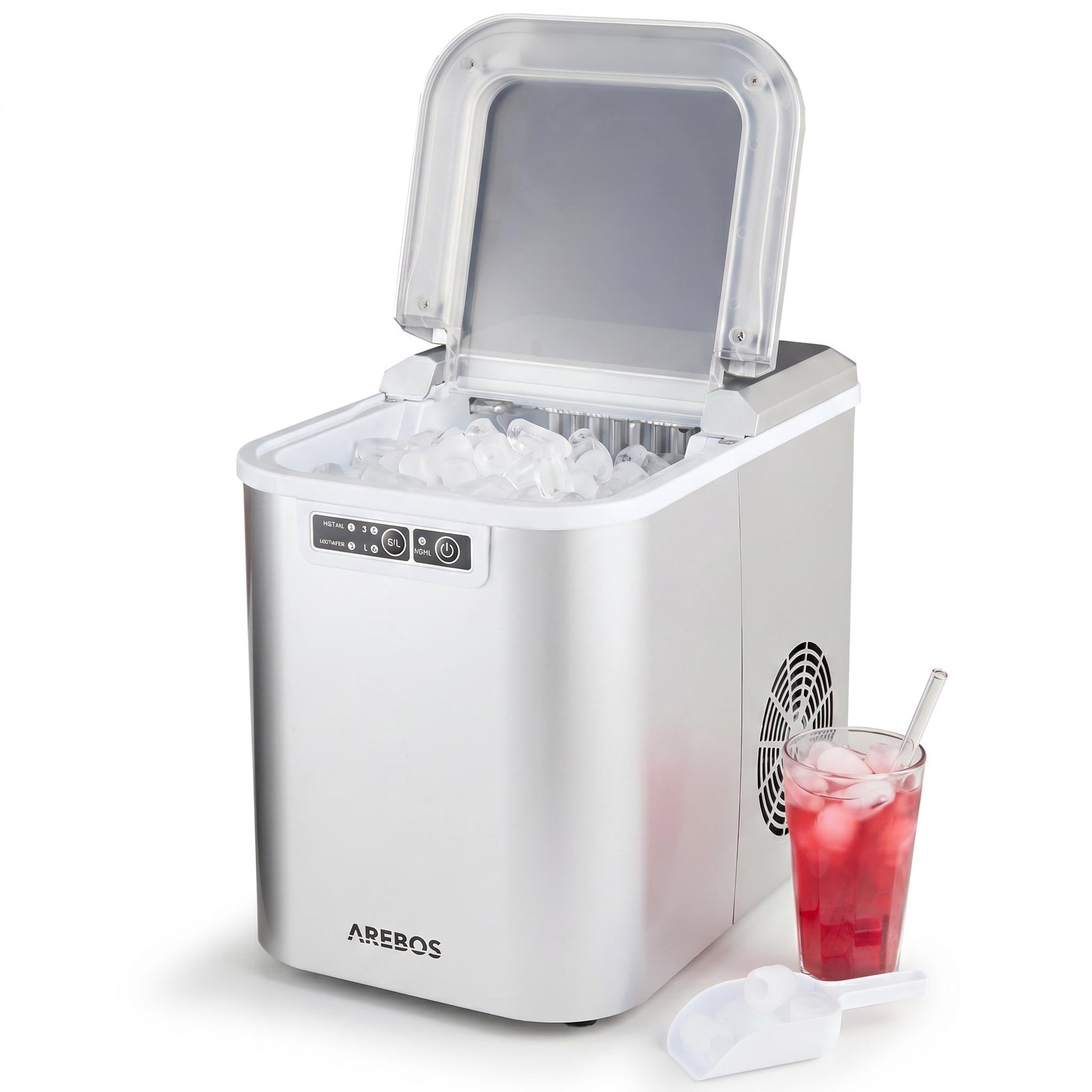 Arebos Eiswürfelmaschine 12 kg/24 h 2,2 L Wassertank Selbstreinigend Leise 2 Eiswürfel-Größen Silber