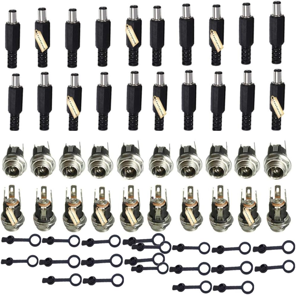5.5MM x 2.5MM 20Pack Male DC Power Plug Solder Power Jack Adapter Connector + 20 Pack 5.5MM x 2.5MM Female DC Panel Socket Mount Adapter Solder+ 20Pack Rubber Protector Caps for Audio/Video/Phone/CCTV