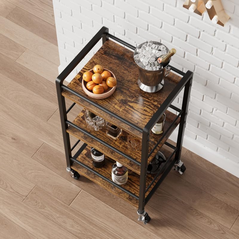 PULLAFUN Kitchen Island on Wheels Industrial Kitchen Rolling Cart, 3-Tier Rolling Kitchen Cart Storage Snack Coffee Cart for Living Room, Bathroom, Office
