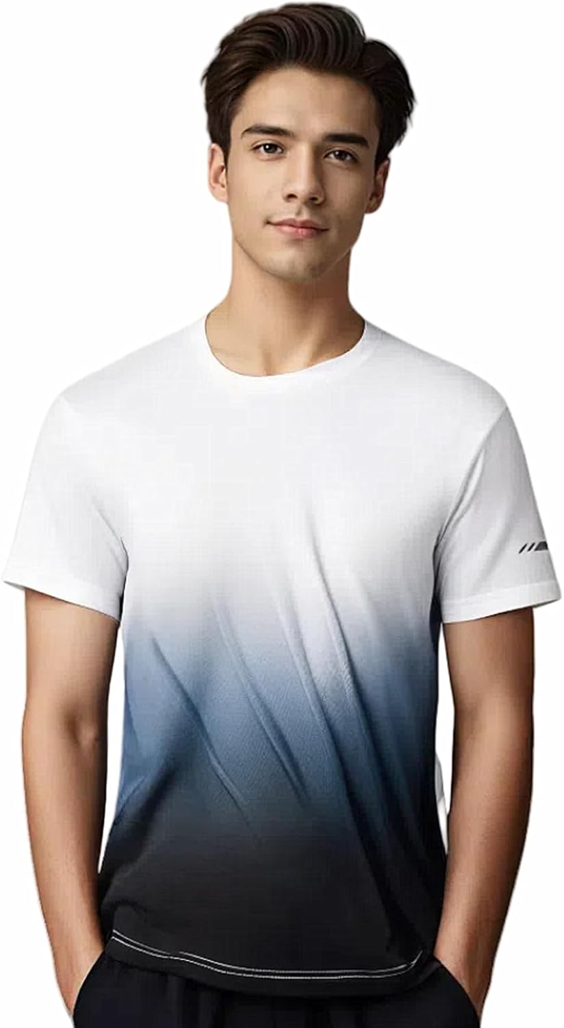 Men's Active Fit Crew Neck T-Shirt - Breathable Hex Mesh Gym Shirt with Gradient Color Block, Quick-Dry Workout Tee