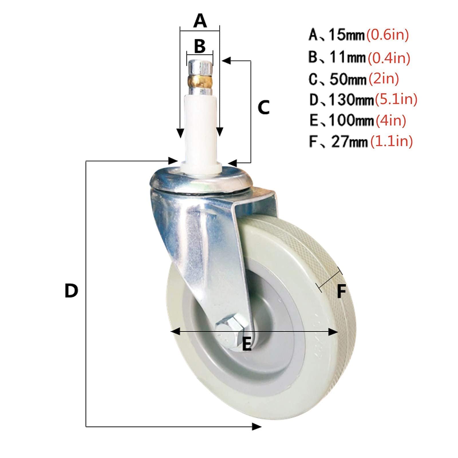 Ruote girevoli Resistenti da 4" - Confezione da 4 Ruote in PU per mobili da Cucina, Hotel, Carrello, banco da Lavoro - Attacco Standard M11x50mm, capacità 210 kg, Mobilità fluida