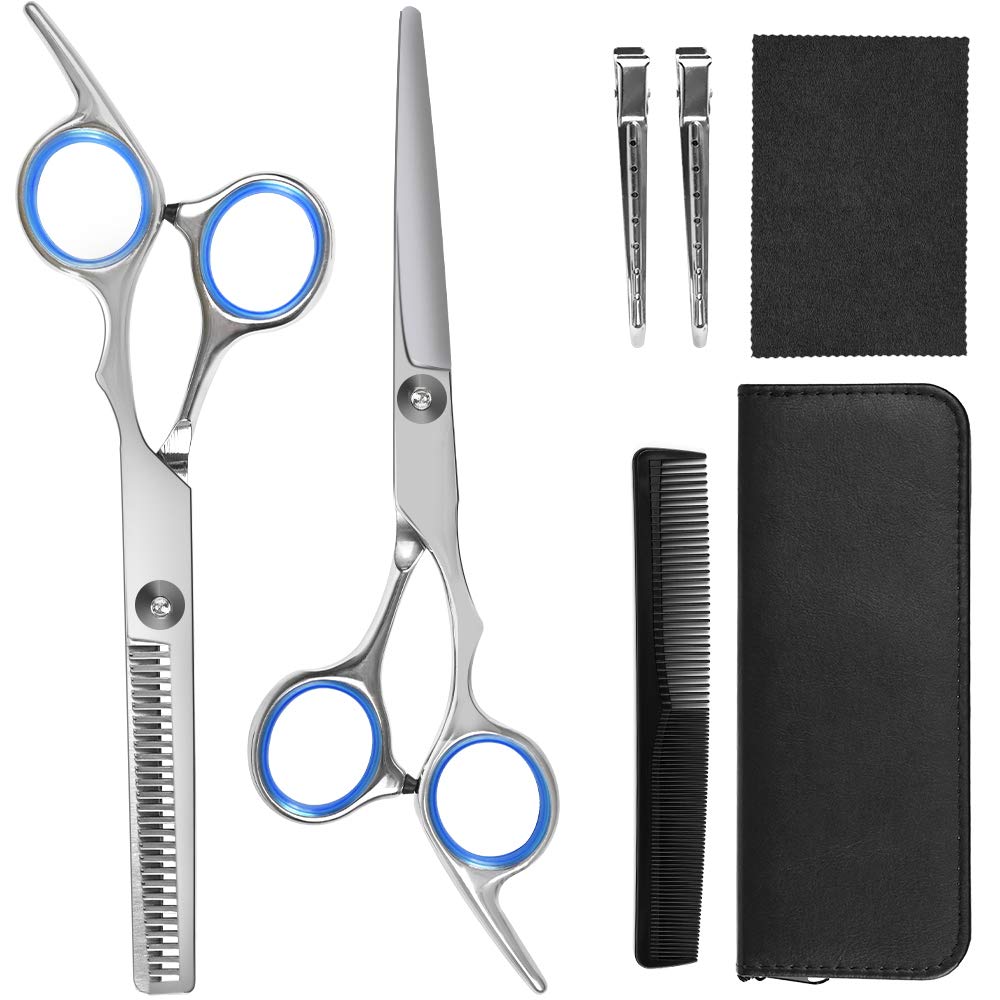 KIMINO Hairdressing Scissor Set, 7-in-1 Professional Hair Cutting Shears Set with Thinning Scissors, Comb Clips. Comes in a Black Case. For Barbers, Salon and Home Use.