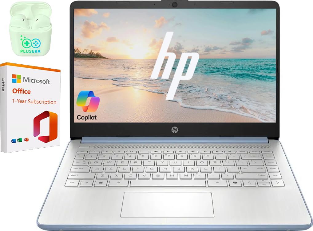 HP 14" Business Laptop Computer with 1-Year Office 365, Intel Quad-Core N150 Processor, 4GB RAM 128GB UFS, Windows 11 Home, PLUSERA Earphones, Sky Blue