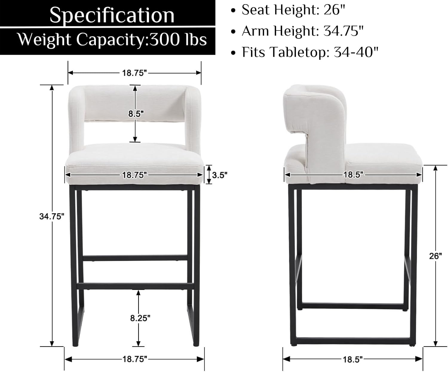 Shunzhi Modern Upholstered Counter Height Bar Stools Set of 4 White PU Leather Barstools Square Bar Chairs Counter Stools with Back/Metal Base for Kitchen Island/Dining Room/Home Bar/Pub,26 Inch