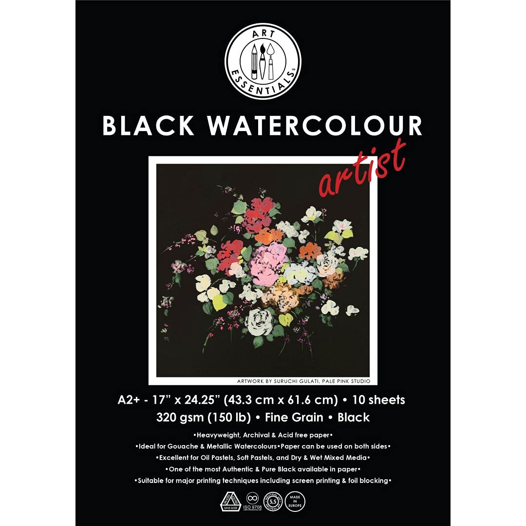Art Essentials Black Watercolour Artist A2+ Black Fine Grain/Vellum 320 GSM, 10 Sheets Pack, Acid Free Papers for Metallic Watercolor, Gouache, Poster Colour, Tempera, Opaque Inks, Acrylic