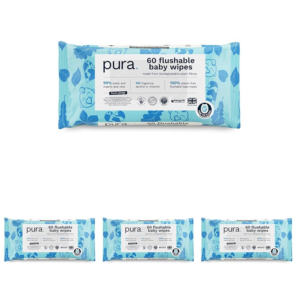 Pura Spülbare Öko-Baby-Feuchttücher für Empfindliche Babyhaut, 70 Tücher (1 Packung), 99% Wasser, 100% Plastikfrei, für Sensible, zu Ekzemen neigende Haut, Neugeborene, Biologisch Abbaubar, Vegan