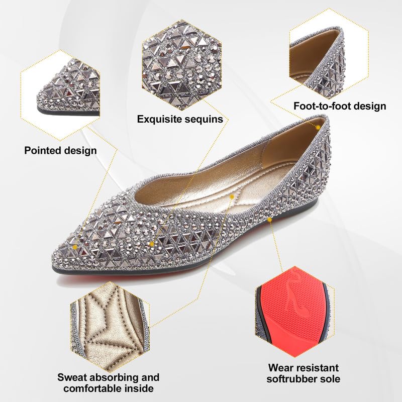 Women's Pointed Rhinestone Flat Shoes Wedding Comfortable Soft Memory Foam Insole Flat Shoes for Women Comfortable Dress Shoes 7.5 Golden3