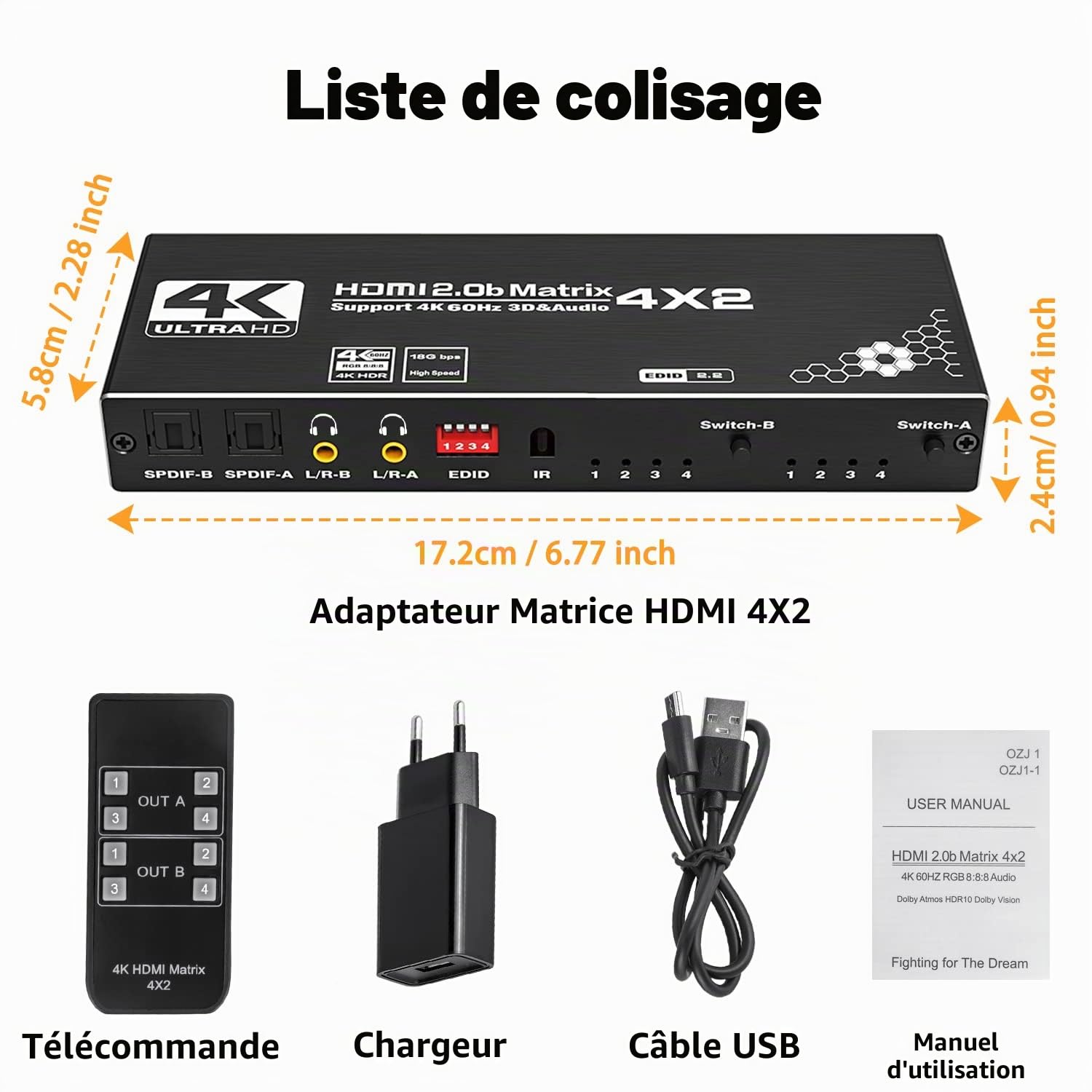 Tendak 4x2 - Matrice HDMI 4 en 2 Commutateur 4K@60Hz HDMI Splitter Switch + SPDIF & 3,5mm Extracteur Audio Stéréo Prend en Charge HDMI 2.0 HDCP 2.2 EDID HDR 3D avec Télécommande IR