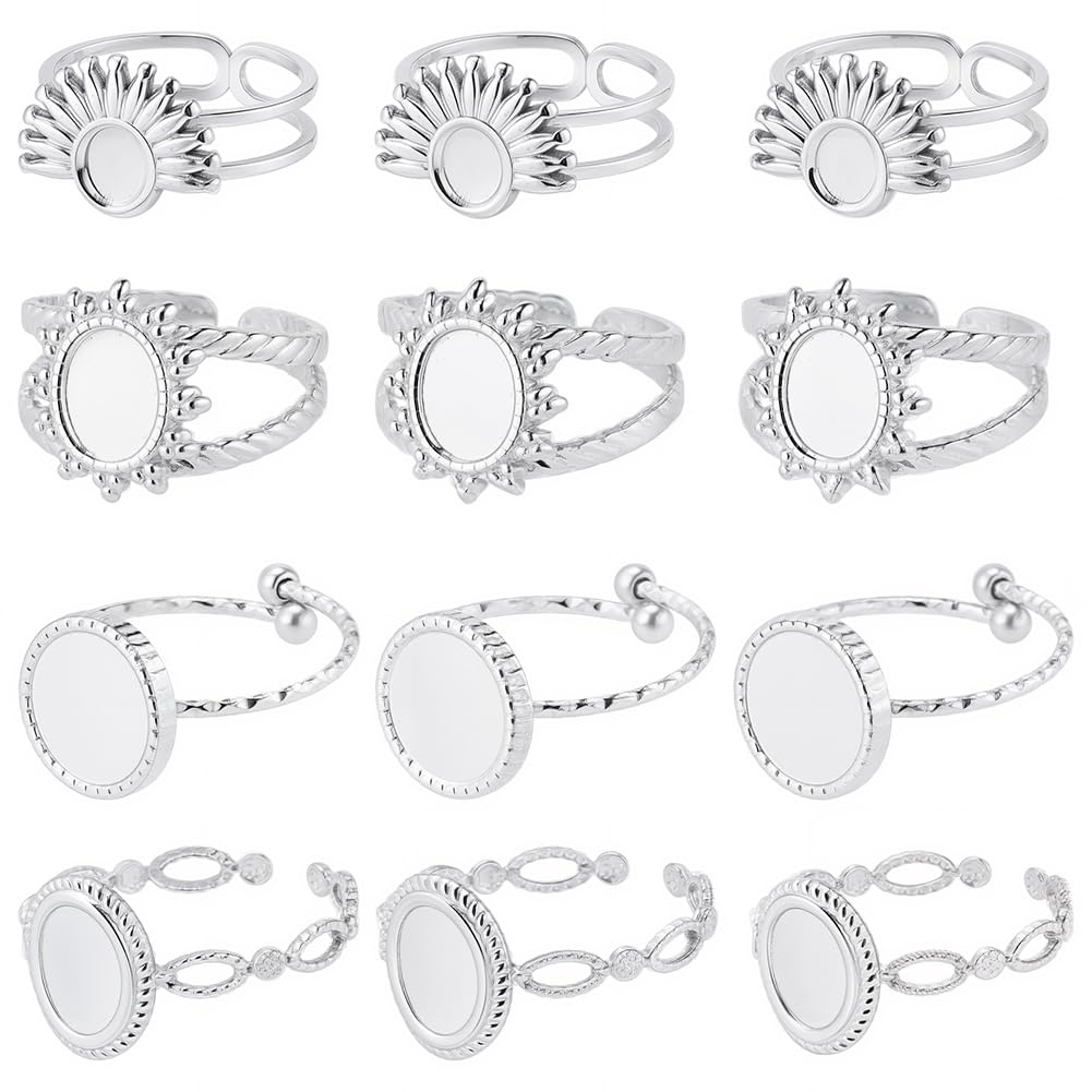 SUNNYCLUE 1 Box 4 Styles 16Pcs Ring Blank Setting Stainless Steel Bezel Ring Blanks Silver Adjustable Antique Metal Base Tray Findings Components for Jewelry Making DIY Gifts Supplies Women Adults
