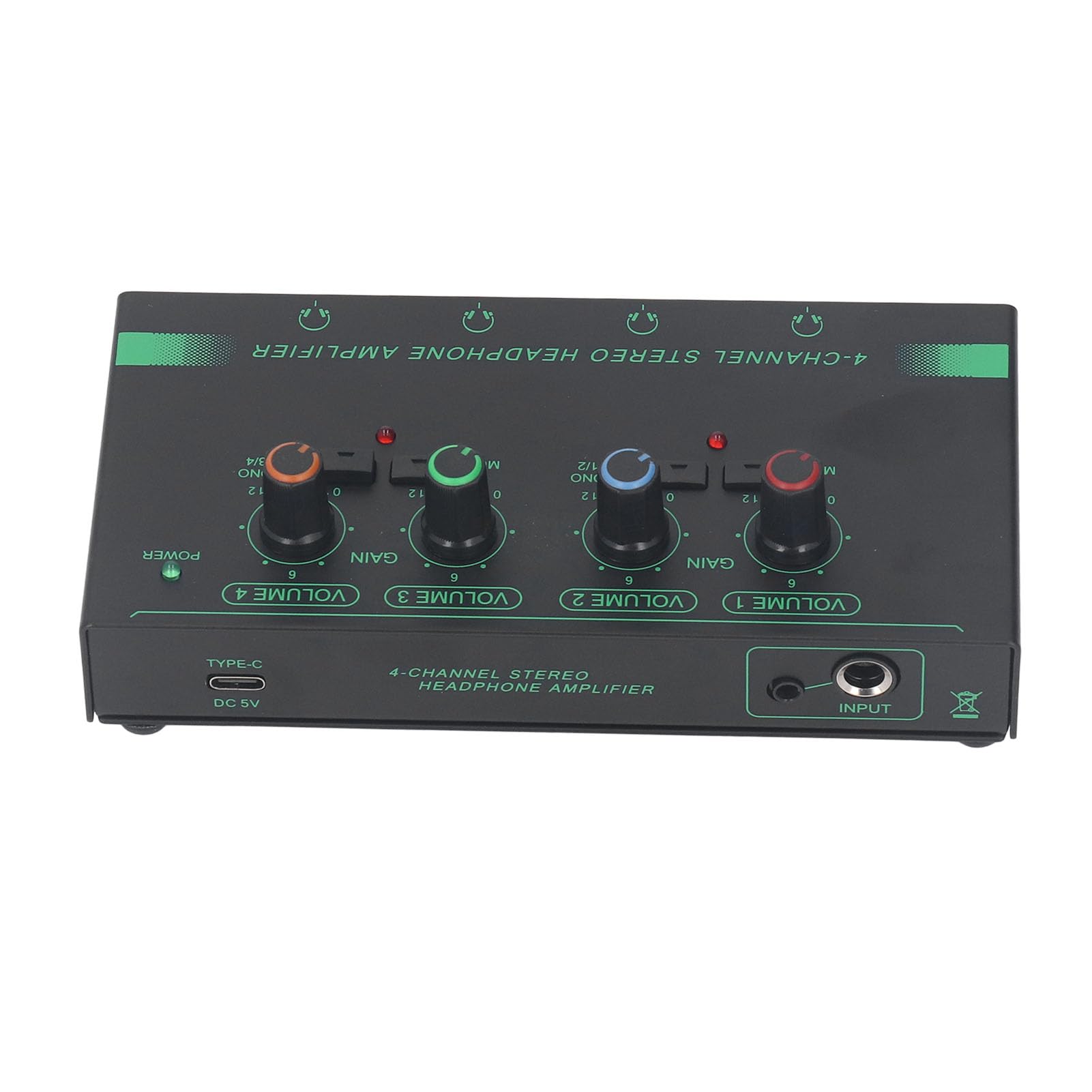 Amplificatore per Cuffie, Amplificatore Audio Mono/stereo a 4 Canali con Adattatore di Alimentazione, Mini Splitter per Cuffie per Studio e Palco, Jack per Cuffie 4×3,5 Mm e Jack
