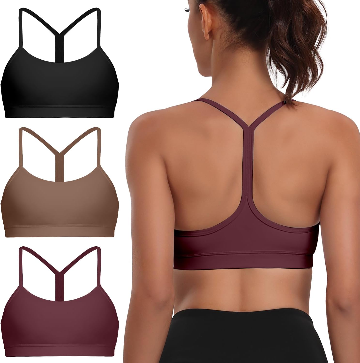 Spaghetti Strap Padded Sports Bras for Women - Y Back Yoga Workout Tops (3 Pack) X-Large Black Brown Burgundy