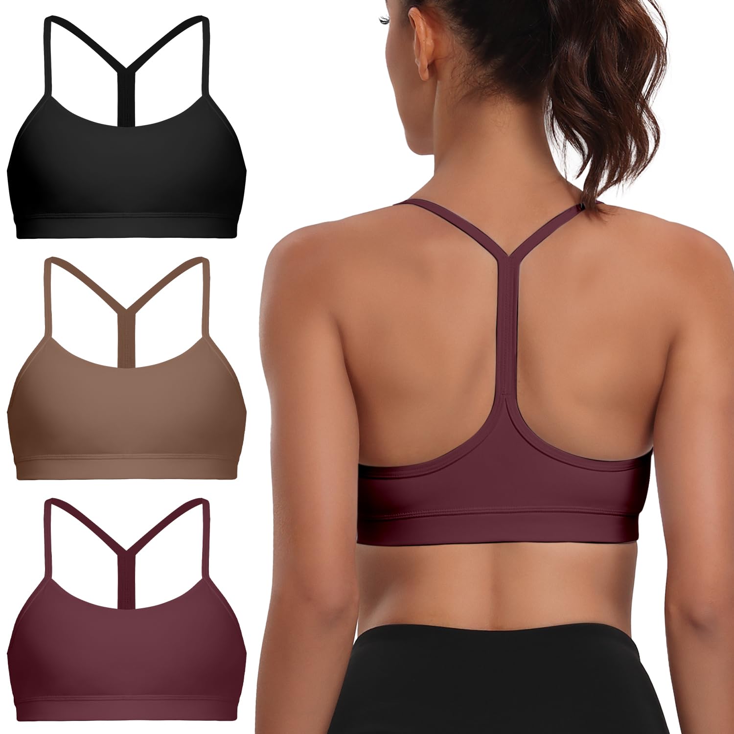Womens 3-Pack Y-Back Sports Bra Thin Spaghetti Strap Nylon Yoga Bra with Removable Cups Light Support Bralettes