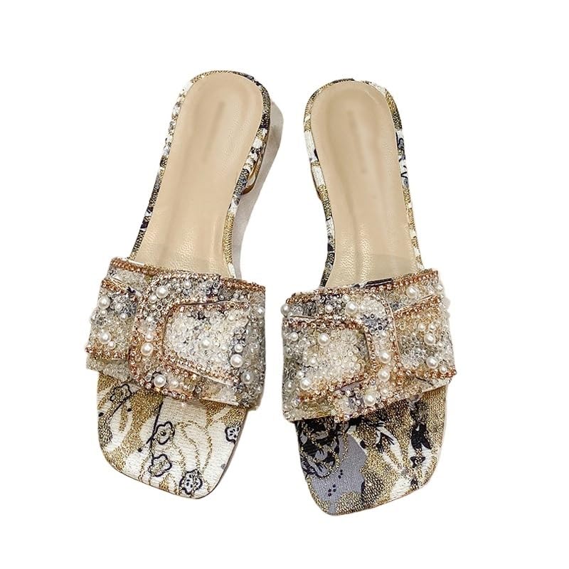 Thick Heeled Sandals for Women Wearing Flat Bottomed Diamond Slippers for Outdoor Wear(37)2