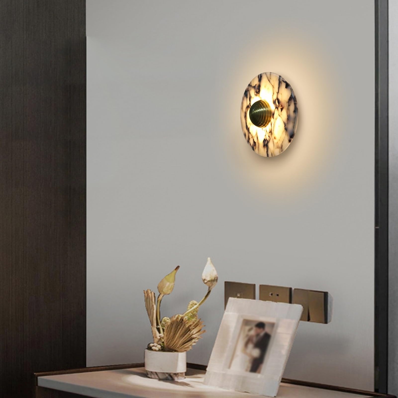 Okrągły marmurowy kinkiet ścienny, mini kinkiet nocny, kinkiet z naturalnego alabastru, LED - 9W - 3000K, ultracienkie kamienne kinkiety na klatkę schodową, salon, przedpokój(Brass)
