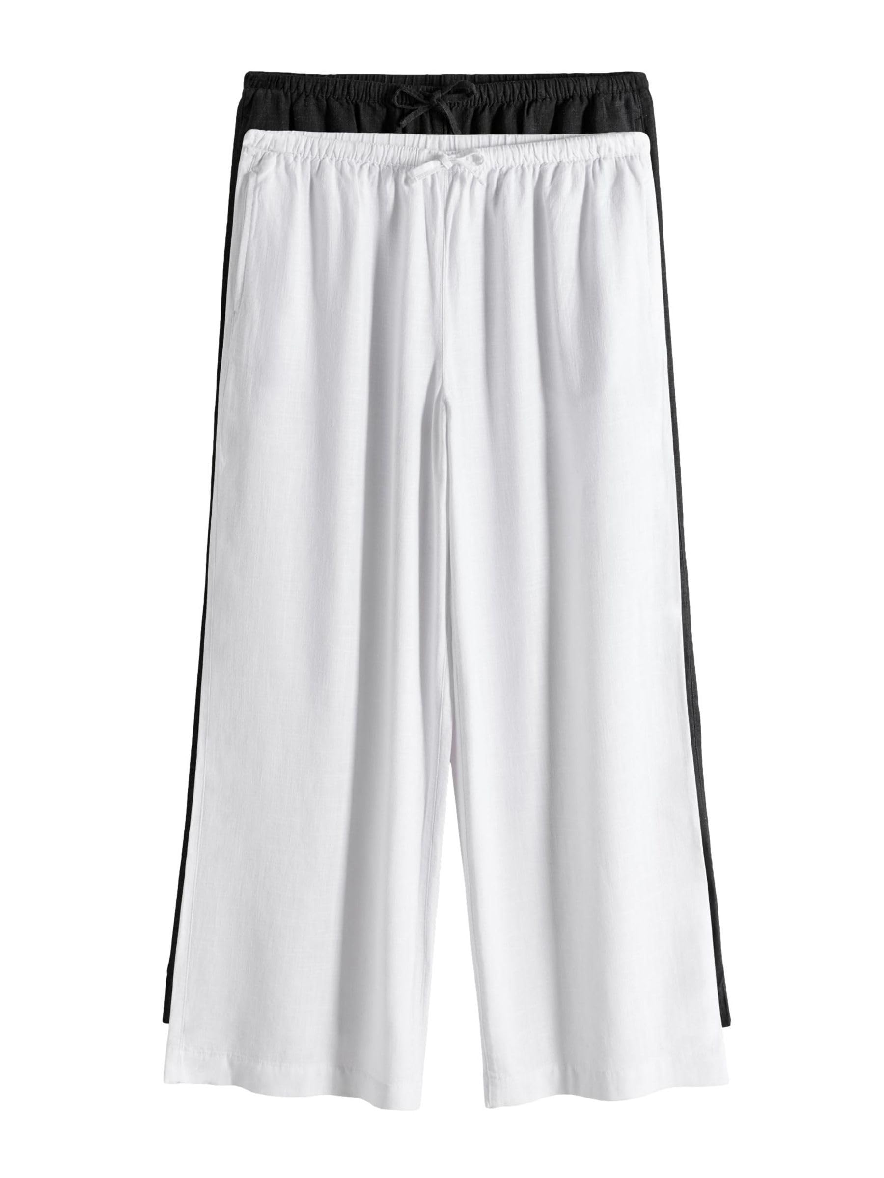 THE SET Femme Pantalon Large à Enfiler Contenant du Lin, lot 2 | Coupe standard, Taille mi-haute, Fermeture boutonnée, Jambe large