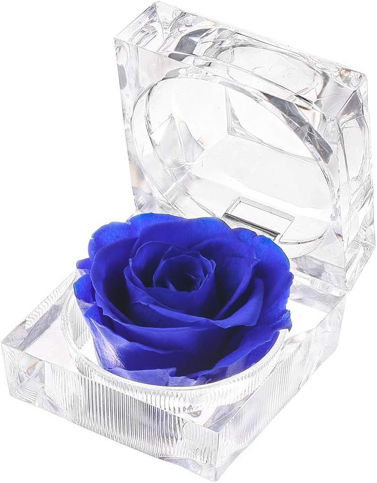 Enchante D Handmade Acrylic Crystal Ring Box Fresh Flower Preserved Real Best Romantic Gift for Mother's Day, Christmas, Surprise, Mom, Wife, NOT Silk (Blue)