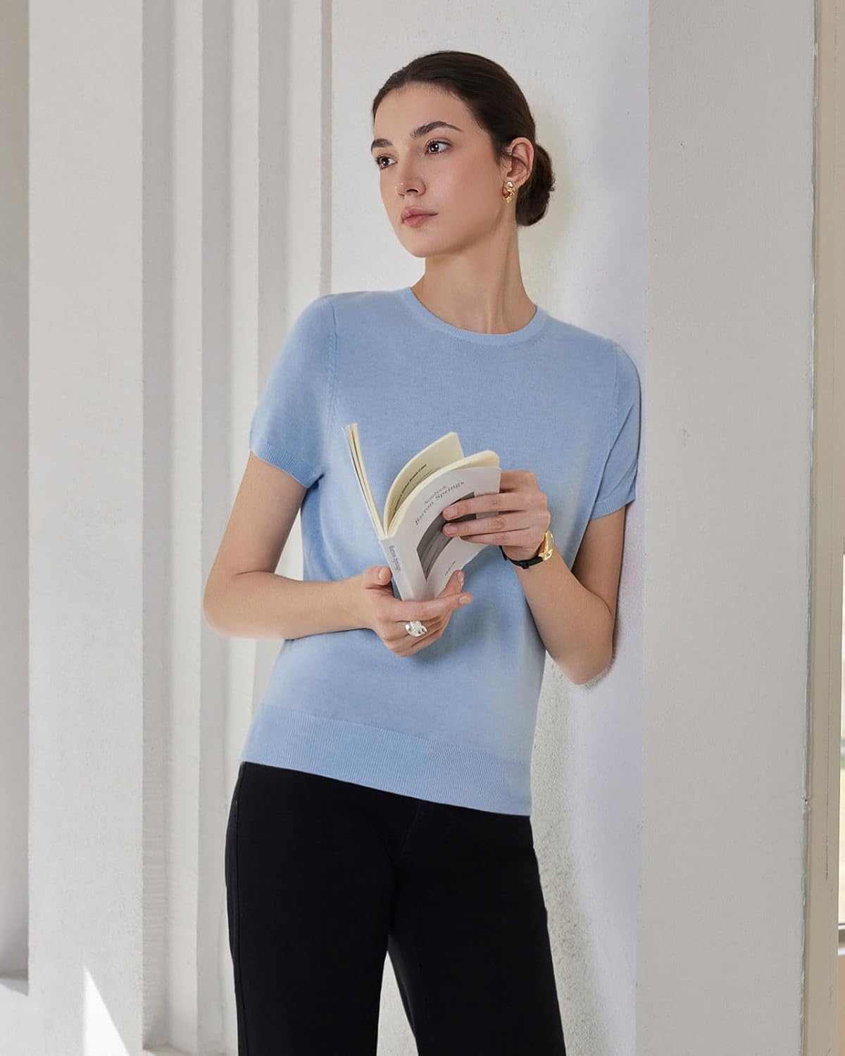 SUUKSESS Women Silk Cashmere Blend Crew Neck Short Sleeve Sweaters Casual Blouse - Image 4