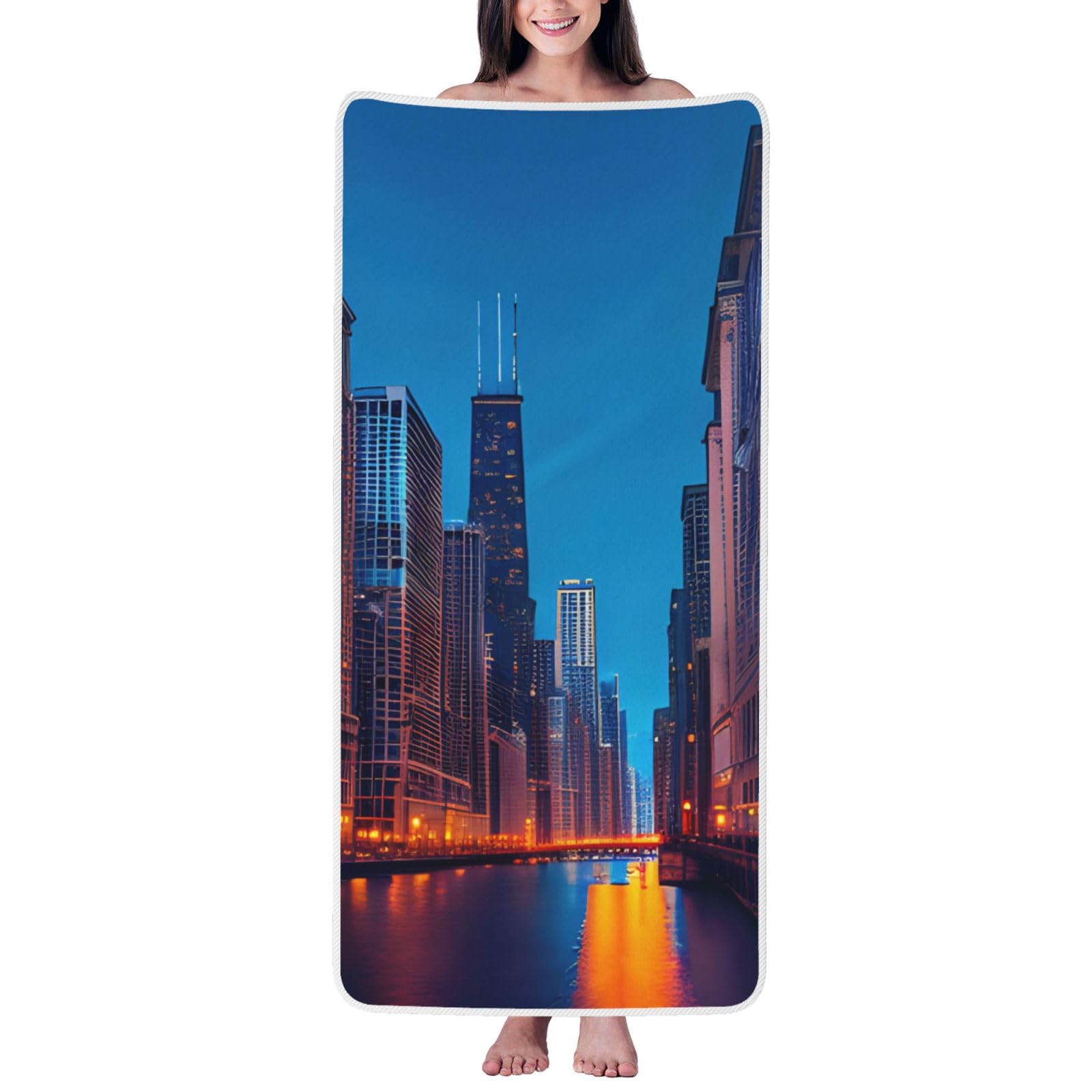 KPXXAQT Chicago Night Print Coral Velvet Bath Towel Soft Absorbent Towels Home Vacation Or Summer Gifting
