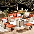 HOOOWOOO Patio Furniture with Fire Pit Table 6 Pieces Patio Set with Fire Pit Outdoor Furniture Set Patio Furniture Set Wicker Patio Conversation Sets Patio Sofa Set,Beige Wicker Orange Red Cushion