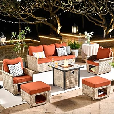 HOOOWOOO Patio Furniture with Fire Pit Table 6 Pieces Patio Set with Fire Pit Outdoor Furniture Set Patio Furniture Set Wicker Patio Conversation Sets Patio Sofa Set,Beige Wicker Orange Red Cushion