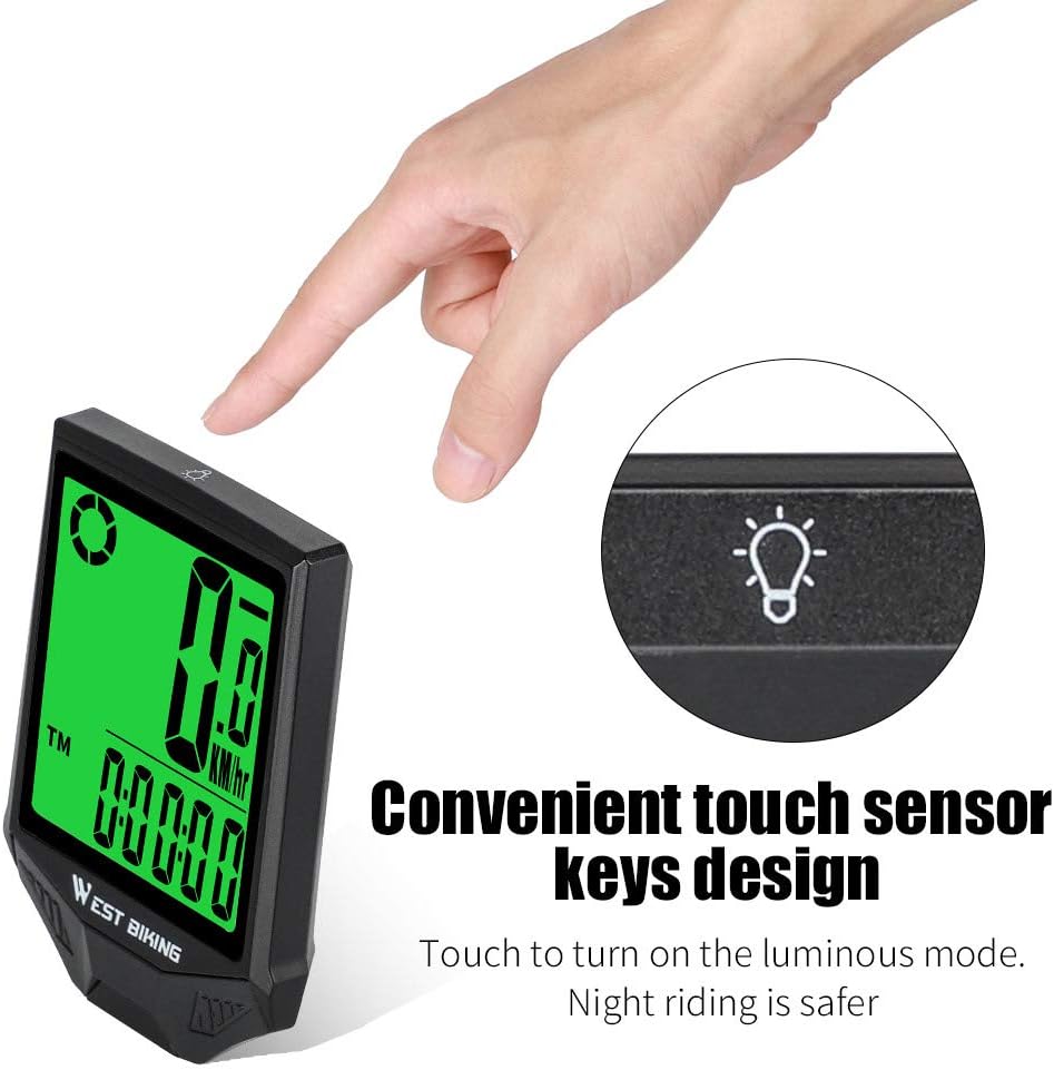 Hand touching the top of the bike computer to activate backlight