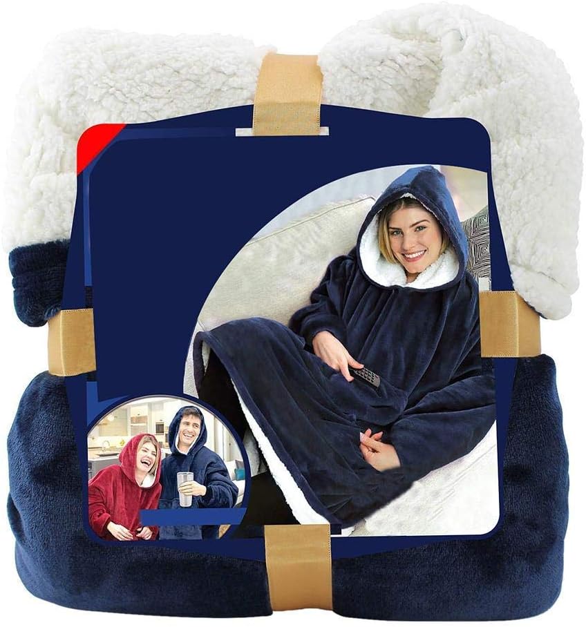 Oversized Sherpa Hoodie, Wearable Hoodie Sweatshirt Blanket, Super Soft Warm Comfortable Blanket Hoodie, One Size Fits All, Men, Women, Girls, Boys, Friends (Blue)