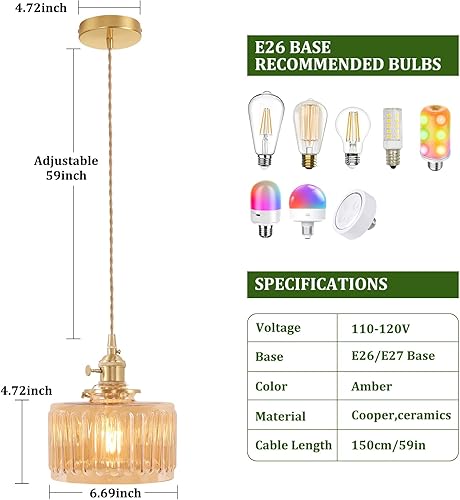 Miniatura 49 de Lámpara colgante con pantalla de cristal ámbar Scindapsus de cristal, lámpara colgante vintage de latón, luz colgante ajustable para cocina, isla