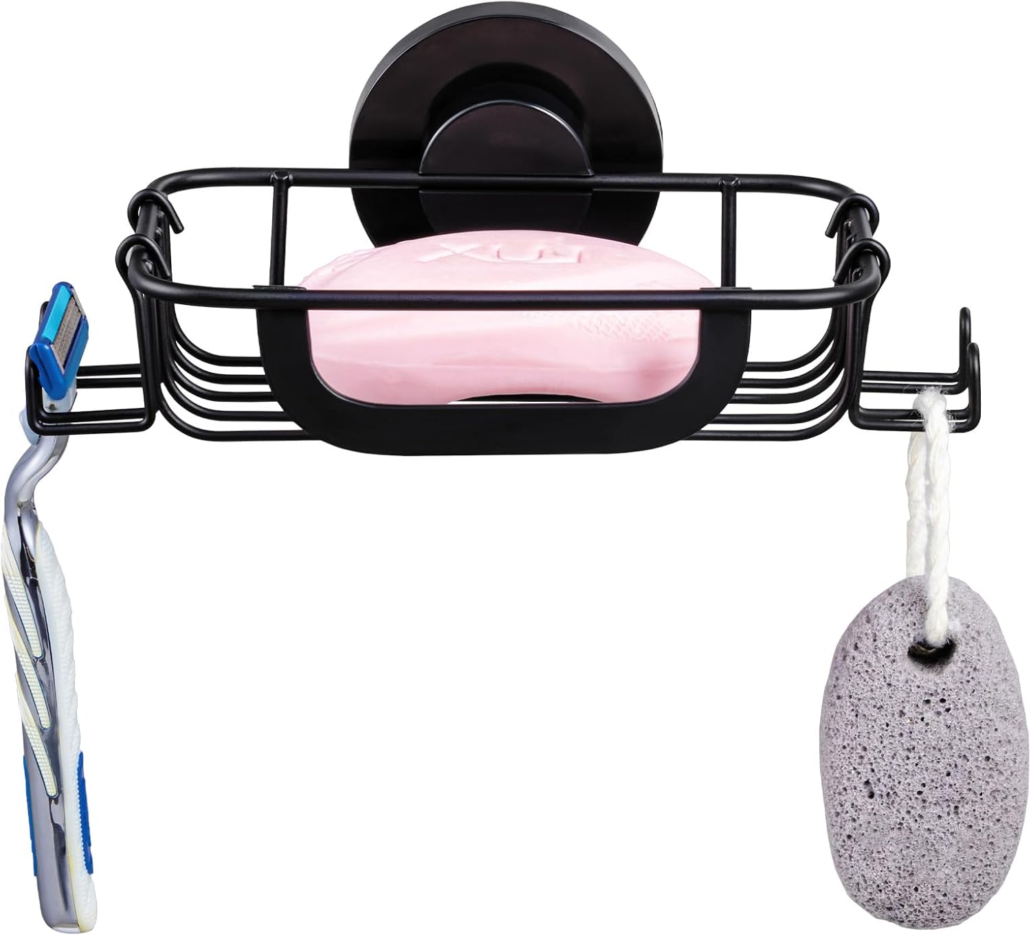 Soap Dish Bar Soap Holder Suction Cup with 4 Hooks, Stainless Steel Sponge Saver Tray for Shower Wall, Bathroom, Kitchen, Removable Rustproof Drill-Free, Black (Black-1 Tier) Thumbnail