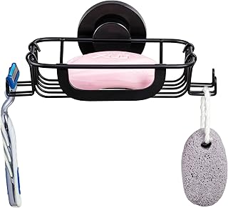 Soap Dish Bar Soap Holder Suction Cup with 4 Hooks, Stainless Steel Soap Saver Tray for Shower Wall, Bathroom, Kitchen, Rustproof Drill-Free Soap Bar Holder, Black