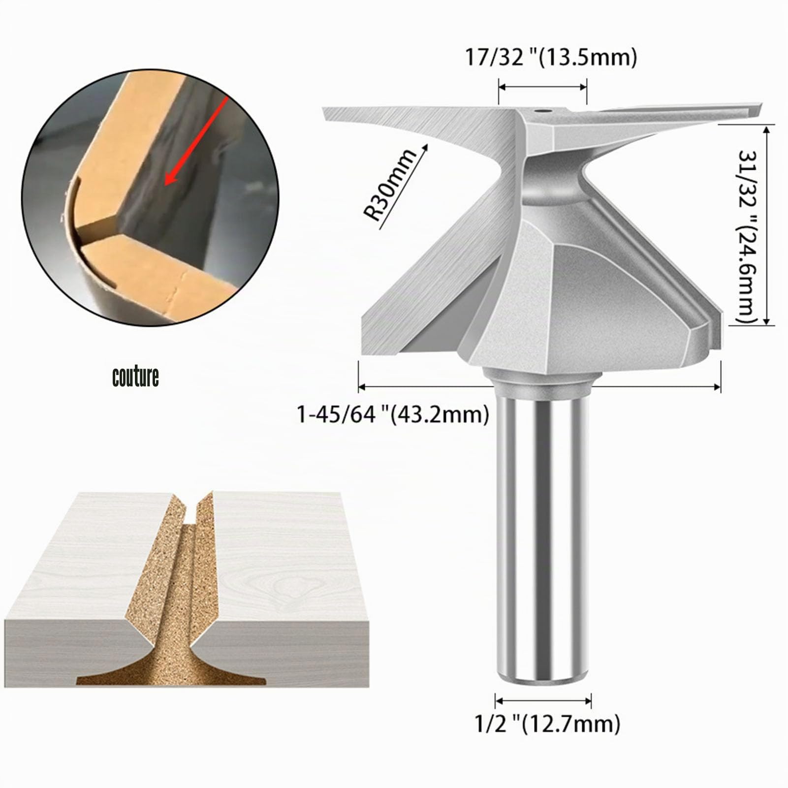 Fraise à Bois R30 à Tige de 1/2 Pouce, Mèche de Toupie à Langue et Rainure, Outil de Fraisage de Machine de Découpage à Fente intégré à L'arc pour Chanfrein de Travail du Bois