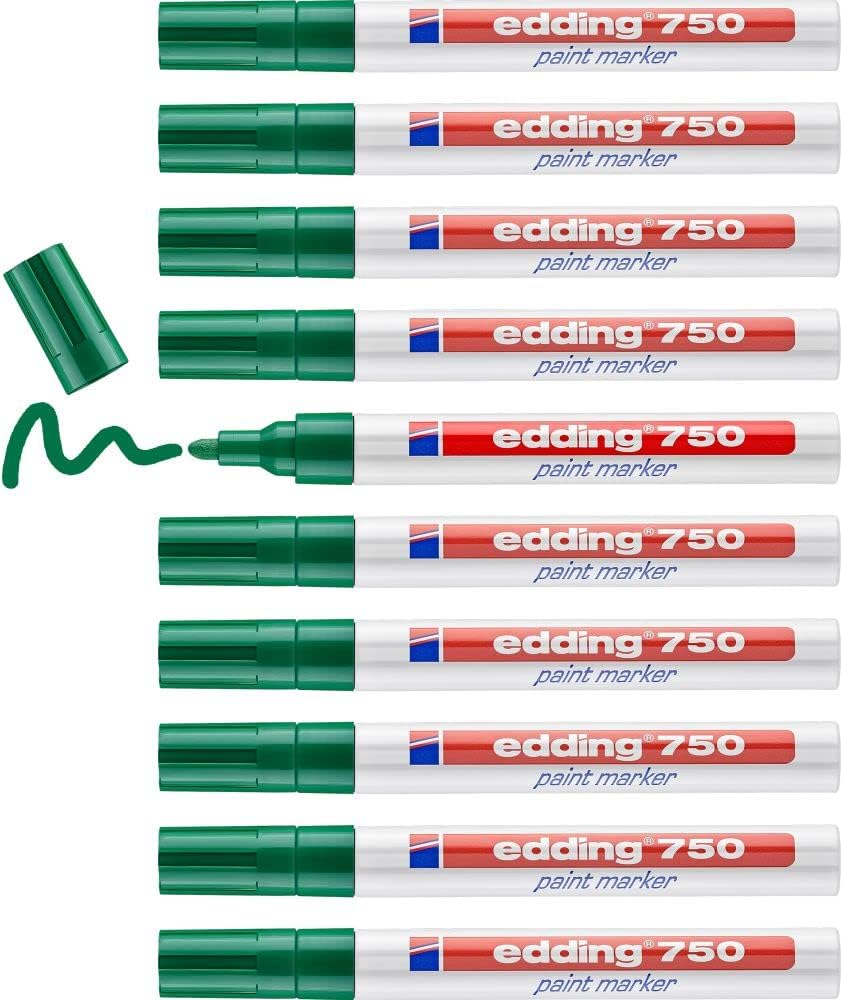 edding 750 paint marker - green - 10 pens - round tip 2-4 mm - paint marker for marking and labelling metal, glass, rocks or plastic - heat-resistant, permanent, smudge-proof and waterproof
