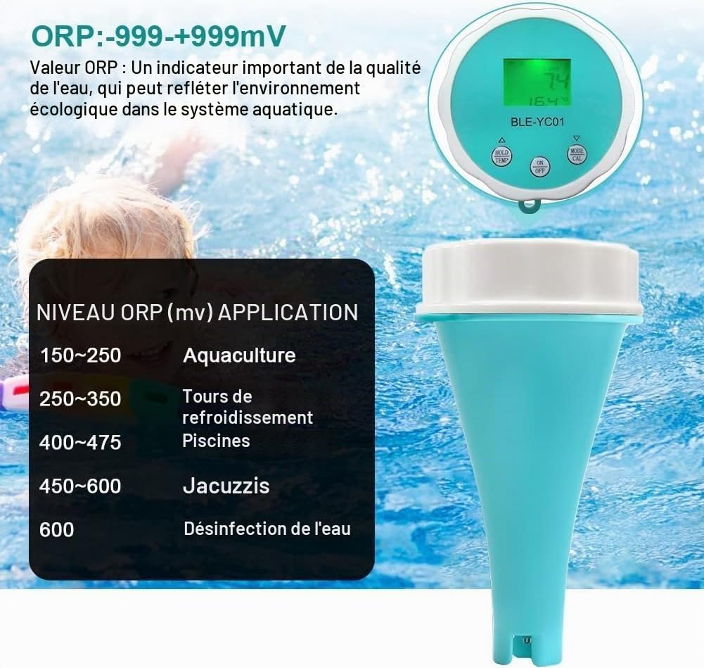 Testeur d'eau 6 en 1, analyseur de qualité de l'eau de Spa de Piscine avec sonde de Test numérique, température PH CL EC TDS ORP for Piscine, Aquarium, Laboratoire