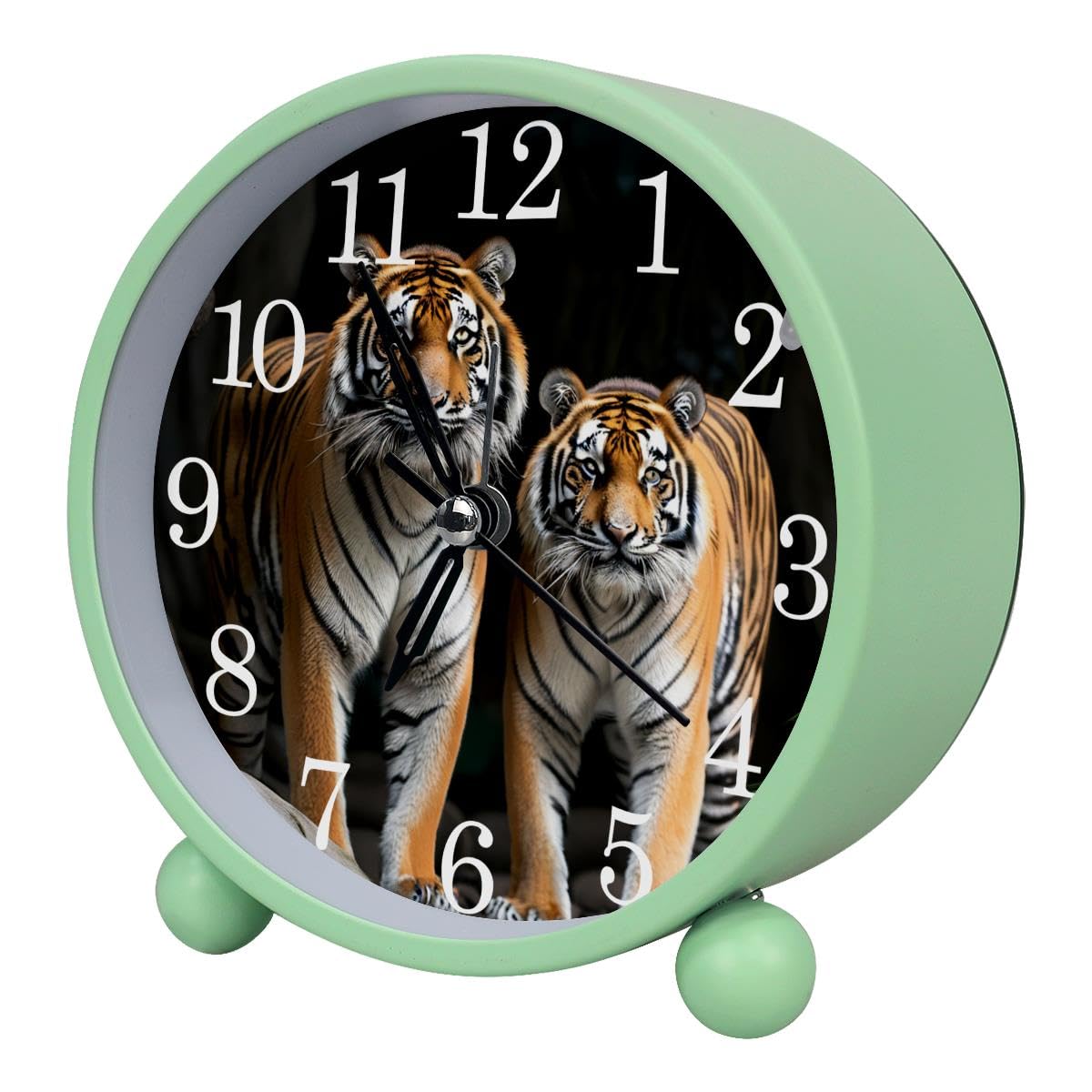 Luoweisi Alarm Clock Tigers, Silent Non-Ticking with Night Light, Round Metal Alarm Clock for Office, Battery Operated, Bedroom, Elderly, Adults, Children, Student Gifts