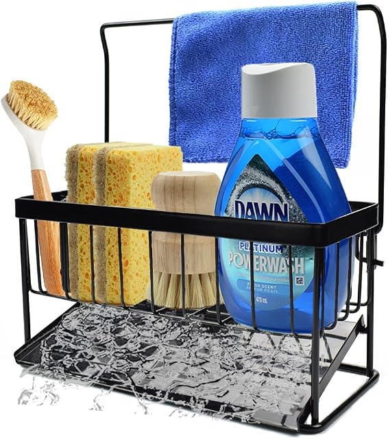Forprim Kitchen Sink Caddy Sponge Holder,Stainless Steel Kitchen Sink Tidy Organiser for Sink Countertop with Removable Drip Tray,Kitchen Soap Dispenser Holder and Dish Sponge Holder (Small)
