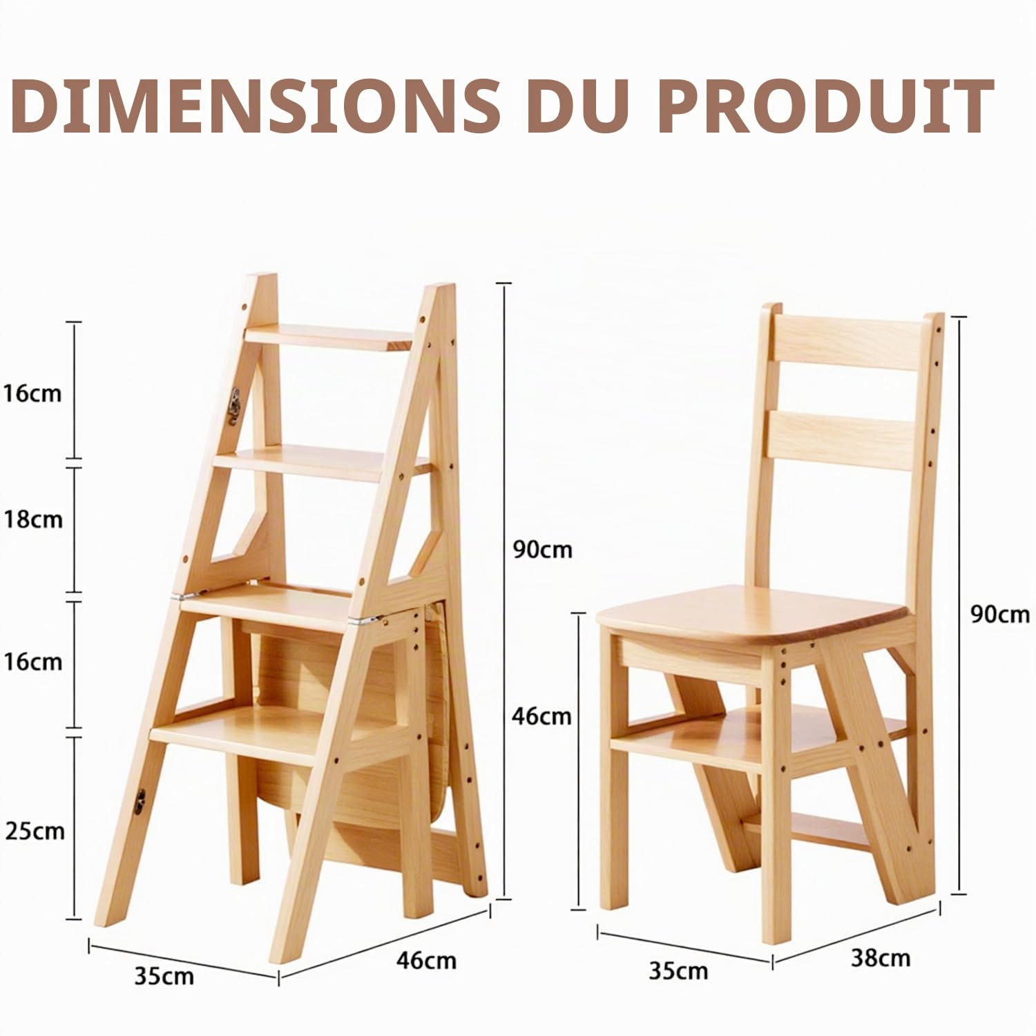 Chaise échelle Pliante 3 en 1 en Bois Massif, escabeau Convertible et présentoir, échelle multifonctionnelle à 4 Niveaux, pour la Maison, la Cuisine, la bibliothèque, capacité de 150kg (Bois)