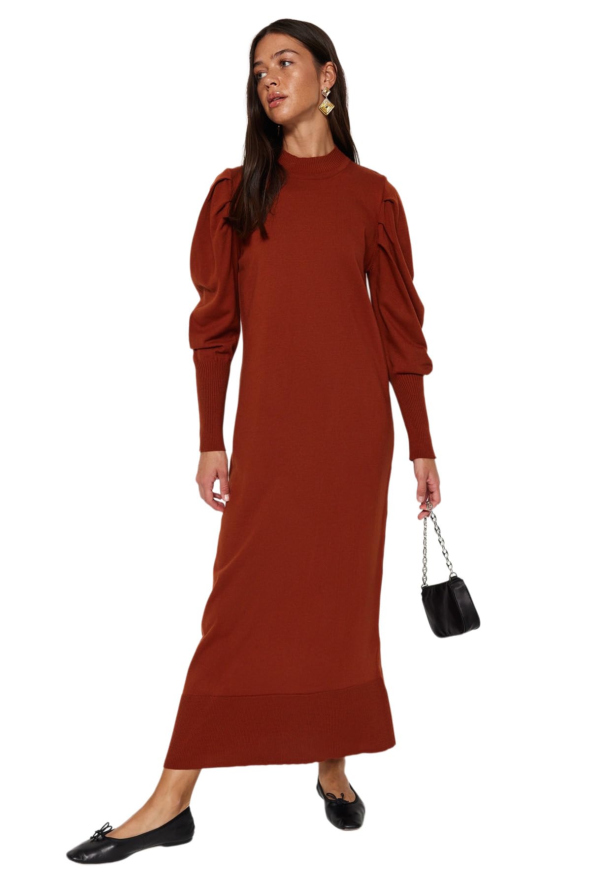 Trendyol Damen Braun Women Hijab Clothing Shift Fitted Knitwear Modest Dress